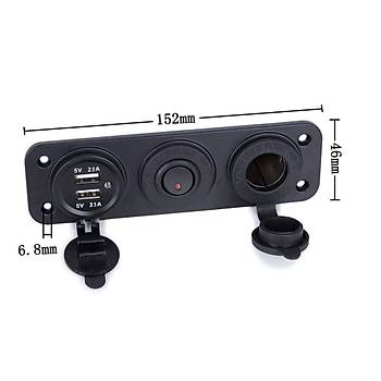 Araç Tekne ATV 2.1A Çift Usb Şarj Çakmak Yatağı Aç/Kapa Anahtar 3 lü Set