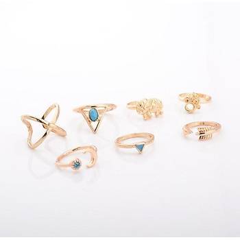 Bohem 7 Parça Arrow Yüzük Turkuaz  Takı Ayarlanabilir Boyut Gold