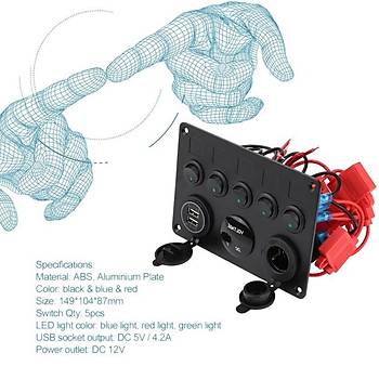 Marin Tekne Yat Atv Karavan 5 Anahtar Çift Usb 2.1A Şarj Dijital Voltmetre Çakmak Panel