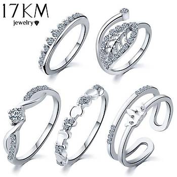 5 li Yüzük Set Zirkon Taşlı Altın Kaplama Taç Kristal Yaprak Dese