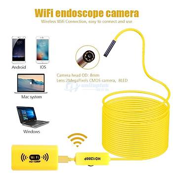 Wifi Endoskop Kamera 8mm 8 Led 1200P 3.5mt Sert Kablo Su Geçirmez