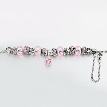 Kristal ve Mor Kalp Boncuk Bilezik Gümüş Kaplama Yılan Zincir 