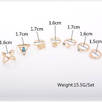 Bohem 7 Parça Arrow Yüzük Turkuaz  Takı Ayarlanabilir Boyut Silver