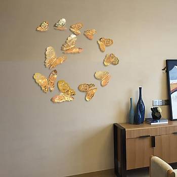 Ev Dekorasyon 3D Metalik Pirin� Renk Oyma PVC Kelebek 12 li S�sleme Model W3