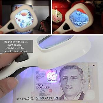 10X HD Lens 55mm 5 LED 1 UV Işıklı Kare El Büyüteç Okuma Kauçuk Çerçeve