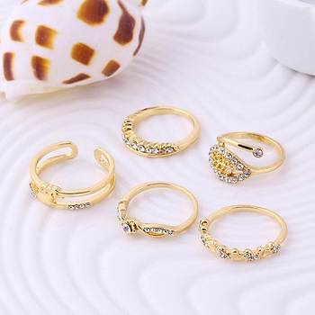 5 li Yüzük Set Zirkon Taşlı Altın Kaplama Taç Kristal Yaprak Dese