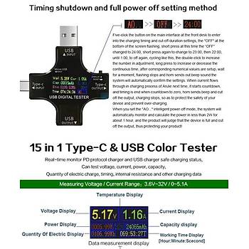 USB 3.0 Tip-C Test DC Dijital Volt-Ampermetre Gerilim Akým Ölçer