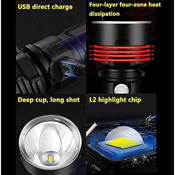L2 Led 5153 Süper Güçlü El Feneri USB Şarjlı Yağmur Geçirmez