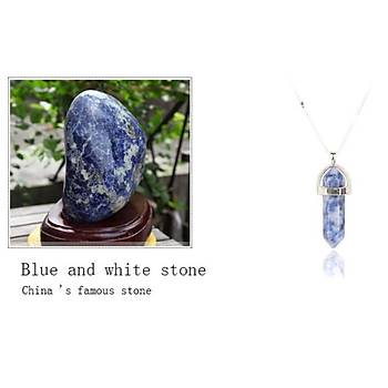 Kuvars Kristal Kolye Blue White Altıgen Sütun Siyah Suni Deri Kordon 