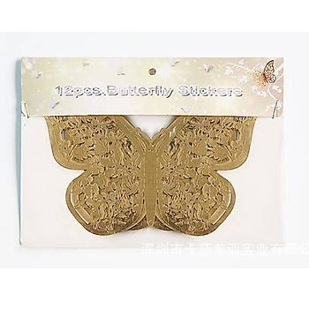 Ev Dekorasyon 3D Metalik Pirin� Renk Oyma PVC Kelebek 12 li S�sleme Model W3