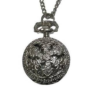 Kuvars Köstekli Mini Cep Saati Kolye Silver Çiçek Altıgen Desen
