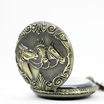 Klasik Kuvars Köstekli Cep Saati Bronz Antika Kolye Zincirli 3 Horses Desenli