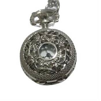 Kuvars Köstekli Mini Cep Saati Kolye Silver Çiçek Sarmaşık Desen