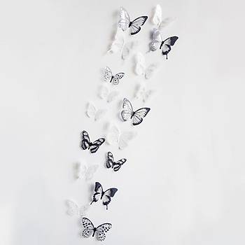 Ev Dekorasyon 3D PVC Delikli Kelebek 18 li Duvar Süsleme Siyah Beyaz X1