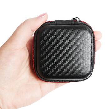 Kulaklık Çanta PU Karbon Desen Deri Fermuarlı Mini  Kulaklık Muhafaza Kutusu