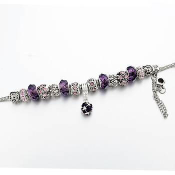 Kristal ve Mor Kalp Boncuk Bilezik Gümüş Kaplama Yılan Zincir 