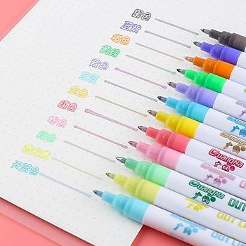 Çift Hat Out Line Pen 12 Renk Kontür Vurgulayıcı Dekoratif 1mm Uç