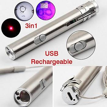 3 in1 500LM Mini USB arj Edilebilir LED LZR ve UV & Kalem Fener
