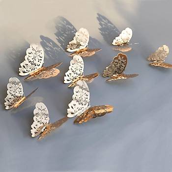 Ev Dekorasyon 3D Metalik Pirin� Renk Oyma PVC Kelebek 12 li S�sleme Model W3