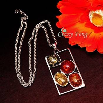 Vintage Retro Gümüş Kaplama Afrikan Amber Kolye Küpe Takı Seti 