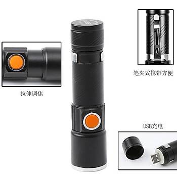 Mini Fener Dahili Batarya Kendinden USB �arj Soketli T6 Led Zoom