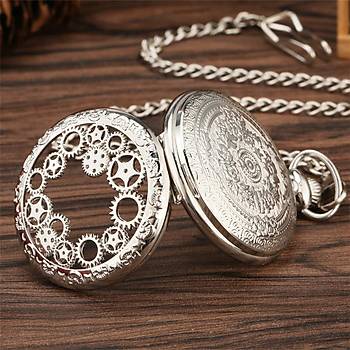 Kuvars Köstekli Mini Cep Saati Kolye Silver Dişli Çark Desenli