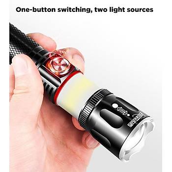 2 in 1 10W 3 Mod El Feneri veya 360° COB Işık USB Şarjlı Zumlu IPX5 Su Geçirmez