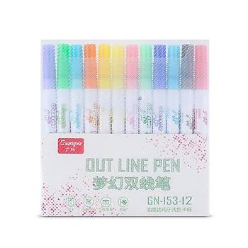 Çift Hat Out Line Pen 12 Renk Kontür Vurgulayıcı Dekoratif 1mm Uç