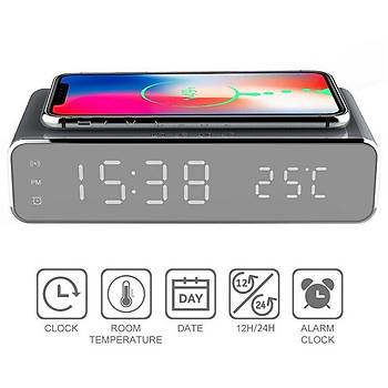 Qi Kablosuz Telefon Şarjlı LED 12/24 Çalar Saat Dijital Masa Saat Termometre 