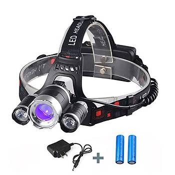 Uv + 2 Beyaz Led Zoom Ayarl Kafa Lambas + 2*18650 Pil + Duvar arj Cihaz