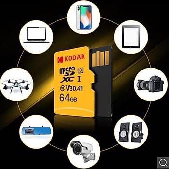 Kodak TF Mikro SD Kart 64 GB U3 V30 A1 4K Yüksek Hýzlý Çözünürlük Ýçin Destek