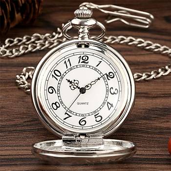 Kuvars Köstekli Mini Cep Saati Kolye Silver Dişli Çark Desenli