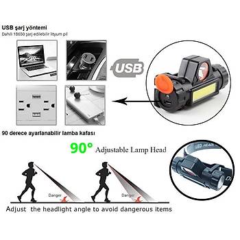 Kafa Lambas� Cob + XPE Led �arjl� Dahili Pil M�knat�sl� 2 Modlu