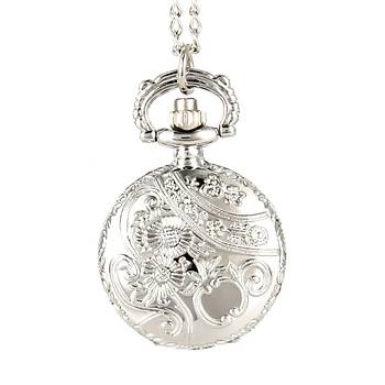 Kuvars Köstekli Mini Cep Saati Kolye Silver Çiçek Sarmaşık Desen