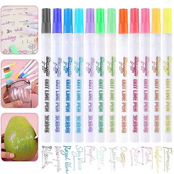 Çift Hat Out Line Pen 12 Renk Kontür Vurgulayıcı Dekoratif 1mm Uç