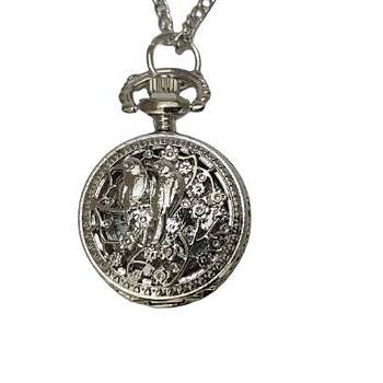 Kuvars Köstekli Mini Cep Saati Kolye Silver Çift Papağan Desen