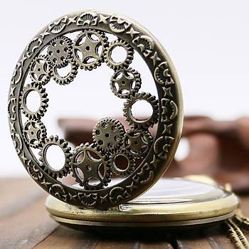 Kuvars Köstekli Mini Cep Saati Kolye Bronz Dişli Çark Desenli