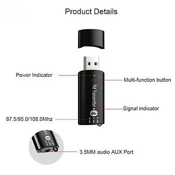 Bluetooth 5.0 FM Hifi Ses Müzik Verici USB Adaptörü 3.5mm Aux Araç Ev Tv