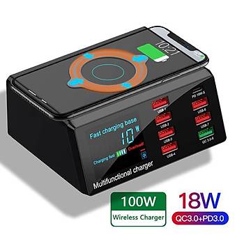 100W 8 Port USB Hızlı Şarj Cihazı PD QC3.0 HUB Qi Kablosuz Şarj 