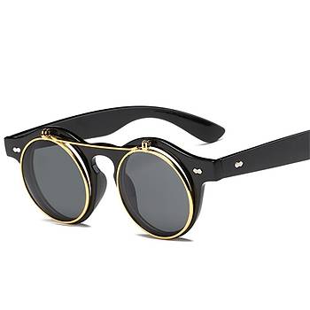 Yuvarlak Steam Punk �ift Lens Yukar� A��l�r Pencere Siyah G�ne� G�zl��� 