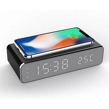 Qi Kablosuz Telefon Şarjlı LED 12/24 Çalar Saat Dijital Masa Saat Termometre 