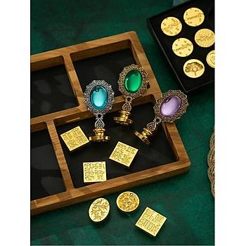 Kraliyet Yeşil Taşlı Döküm Metal Mum Mühürü Sapı Antik Gold 