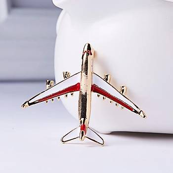 Pilot Uçak Emaye Broş Klip Gold Renk Metal Gövde Kırmızı Beyaz Kanat 