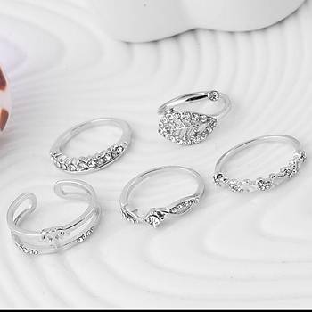 5 li Yüzük Set Zirkon Taşlı Altın Kaplama Taç Kristal Yaprak Dese