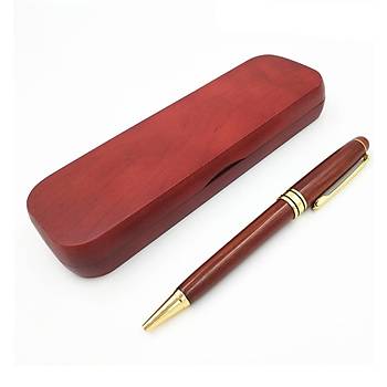 Kırmızı Ağaç Tükenmez Kalem & Ahşap Kalem Kutusu 0.5mm Siyah Mürekkep  