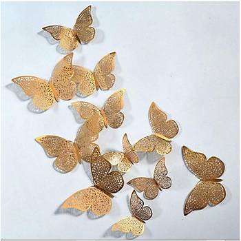 Ev Dekorasyon 3D Metalik Pirin Renk Oyma PVC Kelebek 12 li Ssleme Model W2