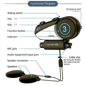 Motosiklet Kask nterkom Bluetooth Kulaklk Vimoto V3 600 mAh 