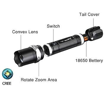 Taktik arj Edilebilir Zumlu Fener CREE Led + 18650 Pil + Duvar arj