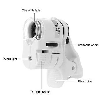 60X Cep Telefonu Lens Mikroskop Makro Lens Zoom Mikro Kamera Klip Led Iþýklý