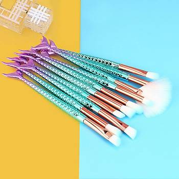 10 lu Set Mavi Denizkızı Makyaj İnce Fırça Set Güzellik Kozmetik Ekipmanları